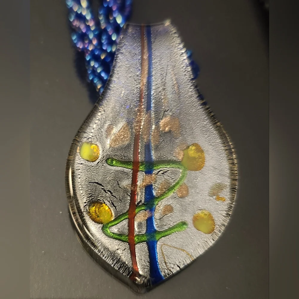 Artisan Crafted Dichroic Glass Pendant On Multistrand Beaded Chain - Picture 2 of 4